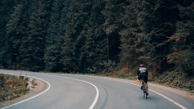 Ciclista solitário a percorrer uma curva larga de estrada rodeada de floresta