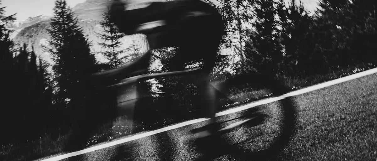 Silhueta desfocada de um ciclista a passar junto a árvores, fotografia a preto e branco